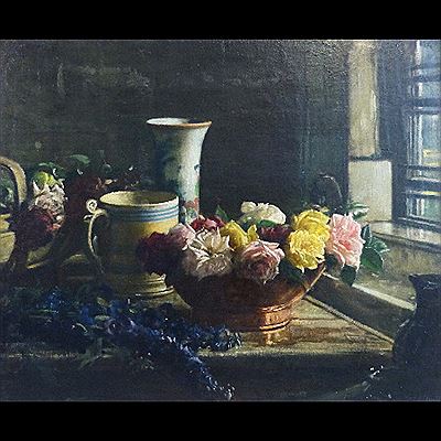 Frederick William Elwell : 'Spring Flowers', still life study of a bowl of roses with other flowers and vases on a table