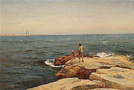 James Aitken : Two gentlemen on a rock face with fishing rods and a yacht on the horizon, and the companion scene of the same two men receiving a fishing boat with catch (2)