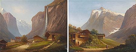 Alfred Dunz : 1. Lauterbrunnental mit dem Staubbachfällen. 2. Grindelwald mit Wetterhorn. (pair)