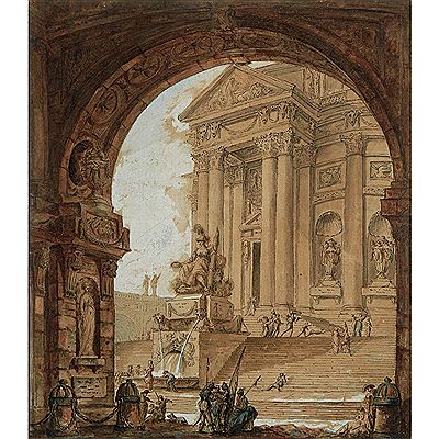 Etienne Lavallee-Poussin : Architectural Capriccio of a Monumental Staircase Before a Roman Temple