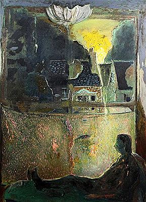 Harold Mockford : Sleeping figure with houses and flames viewed through the window