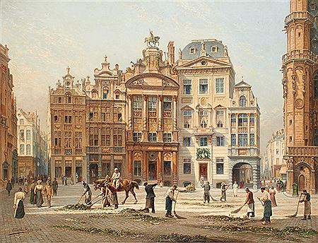 Franz Van Den Hove : Balayage des feuilles sur La Grand Place de Bruxelles