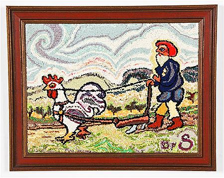 Dorothy Strauser : Hooked Rug, depicting a Man Plowing a Field, with the help of a rooster