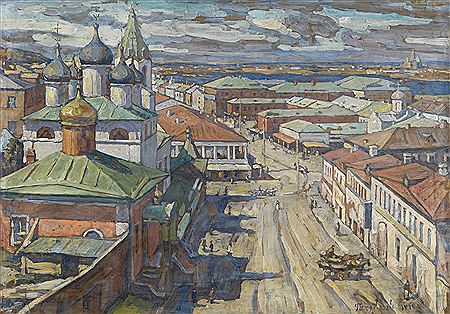 Piotr Ivanovich Petrovichev : 'View of the Church of St John the Baptist from Rozhdestvenskaya Street, Nizhniy Novgorod'