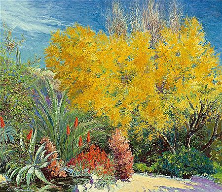 Pablo Schouboe : Blick in einen sonnenbeschienenen Garten in Chile mit voll erblühtem Forsythienstrauch, begleitet von Agaven, Mimosen und Lavendelblüten, hinterfangen, von einem blauen Himmel