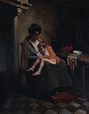 Karel Jongelinghs : A Cottage Interior, with a Mother and Child