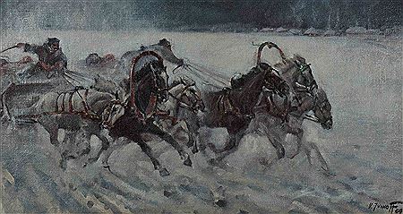 Victor Archipovich Ivanoff : Horse Pulling Sleigh in the Snow