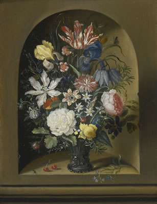 Jacob Marrell : STILL LIFE OF FLOWERS IN A NICHE WITH CHERRIES,  INSECTS AND A CATERPILLAR