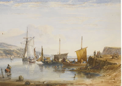 Samuel Owen : HARBOUR SCENE WITH FISHING BOATS AND OTHER SMALL VESSELS