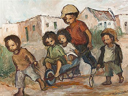 Amos Archibald Langdown : CHILDREN PLAYING IN A WHEELBARROW