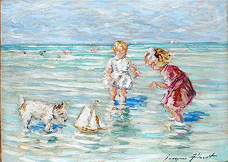 Jacques Albert : ENFANTS ET CHIEN JOUANT DANS LA MER AVEC UN BATEAU MINIATURE