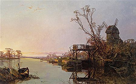 Charles Brooke Branwhite : River landscape with boys fishing from a boat