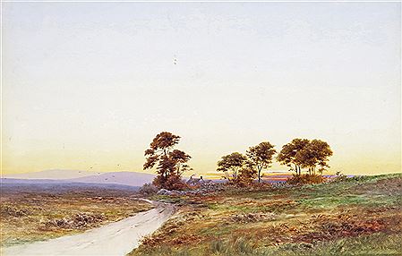 Charles Edward Brittan : Sunset over a moorland homestead