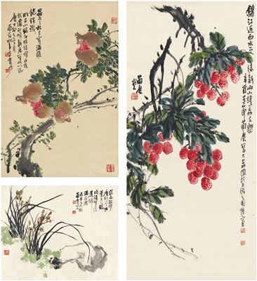 Jianlou Cao : LITCHI POMEGRANATES ORCHID AND ROCK (3 pieces)