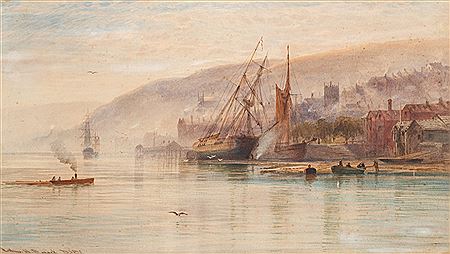 Arthur Henry Enock : Dartmouth; ships aground for caulking, motor launch in the foreground, a town beyond