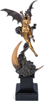 Oswalt Schimmelphfennig : 'Spirit of the Night' a Powerful Art Nouveau Gilded Bronze Study of a Winged Female Figure, 1897