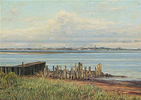 Stephan Ussing : Scenery from the harbour in Nordby, Fanoe, with a view towards Esbjerg.