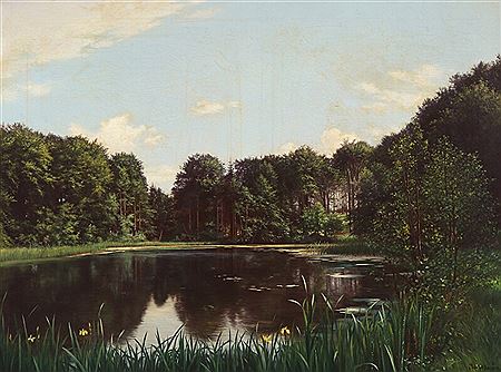 Adolph Larsen : A summer day by a still forest lake.