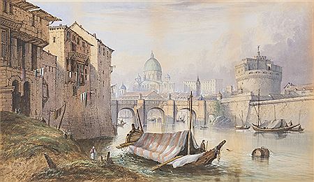 Edwin St John : VIEW OF ST. PETER E AND CASTEL SANT'ANGELO SEEN FROM THE TIBER AND FIGURES