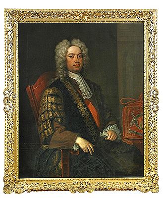 Charles Jervas : Portrait of Sir Robert Walpole (1676-1745) 1st Earl of Orford, seated, three-quarter length, in Chancellor's Robes, wearing the Insignia of the Order of the Bath and with the embroidered silk purse of the Chancellor's Seal seen on a table beside him