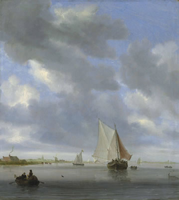 Salomon van Ruysdael : An estuary with a ferry and other vessels, a church and windmill beyond