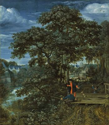 Lucas van Valckenborch : A wooded, river landscape with an angler