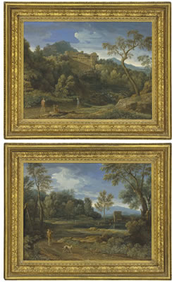 Gaspard Dughet : A classical landscape with figures on a road, a town beyond; and A wooded landscape with a lake and a man with his dog in the foreground