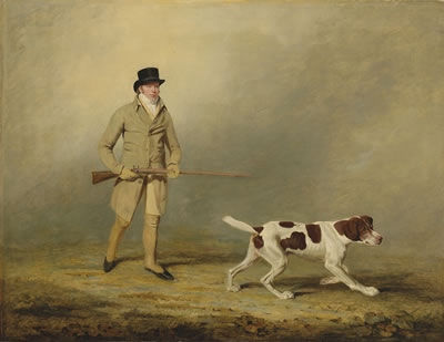 Benjamin Marshall : Portrait of a sportsman carrying a gun, with a pointer in a landscape