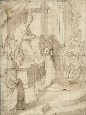 Filippo Bellini : A lady kneeling before the Pope, who presents a scroll