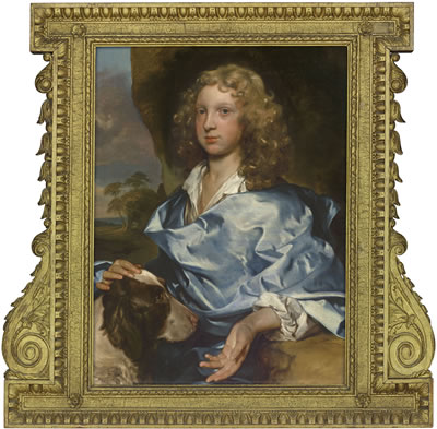 Gerard van Soest : Portrait of a boy from the Ashley-Cooper family, half-length, wearing a blue wrap and a white shirt with a dog in a landscape