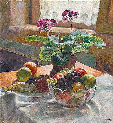 Otto Friedrich Emil Sequin : Stillleben mit Obst und Geranie