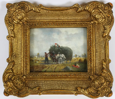 Karl Rohrhirsch : FARM SCENE WITH FARMERS AND HAY WAGON