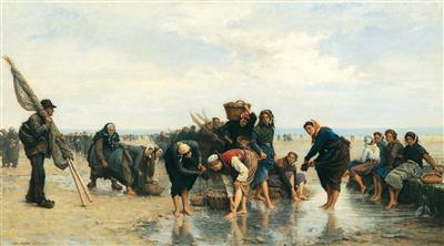 Eugene Feyen : Oyster fisherwomen on a bustling beach