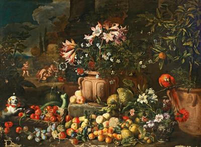 Abraham Brueghel Llamado Ryngraaf : Still life of flowers with fruits, putti and animals