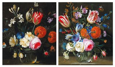 Gaspar Pieter Verbruggen II : A pair of still lifes with tulips, peonies, crocuses and other flowers in a vase on a stone ledge