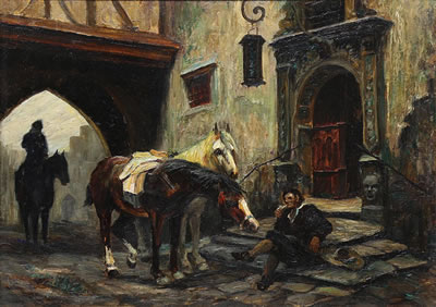 Max Ohmayer : Street Scene with Figures and Horses