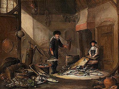 Pieter Putter : OLD FISHERMAN AND MAID IN A FISH MARKET INTERIOR