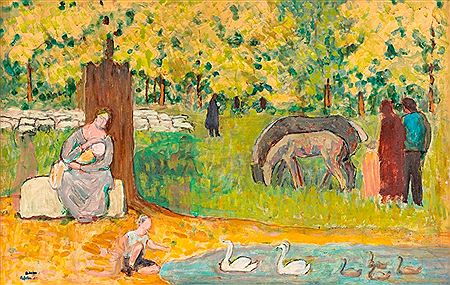 Albert Schmidt : Après-midi à la campagne, femme, enfants, cygnes et chevaux dans un paysage