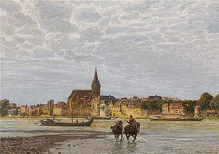 Stefan Simony : Horse-drawn boat, Danube river near Ybbs, 1900