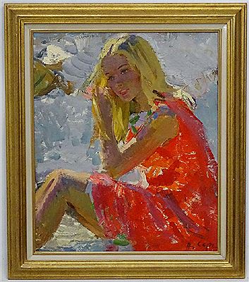 Nina Alekseevna Sergeeva : Young Girl in Red at the Beach