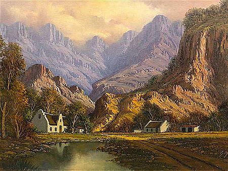 Gawie Cronje : Mountain Landscape with Cape Dutch Cottages