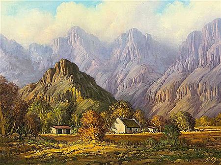 Gawie Cronje : Mountain Landscape with Cottages