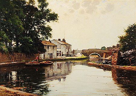 Reginald Aspinwall : River landscape with barge approaching an arched bridge