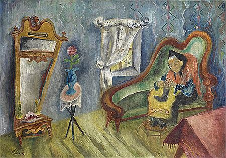 Issachar Ber Ryback : Interior with Woman Knitting