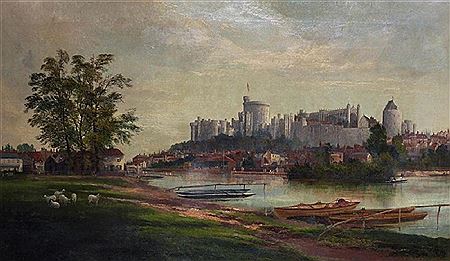 Robert Allan : A River Landscape with Windsor Castle and Rowing Boats in the Foreground