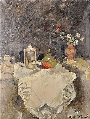 August Rosell : Still life of Flowers with Bottles and Jugs on the Table