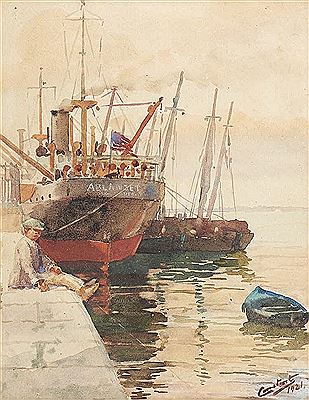 Gabriel Constante : Vista de porto com barcos e figura