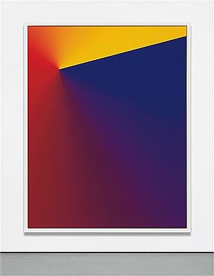 Cory Arcangel : Photoshop CS: 84 by 66 inches, 300 DPI, RGB, square pixels, default gradient, 'Blue, Red, Yellow' (turn reverse off), mousedown x=4000 y=5350, mouse up x=20000 y=1200