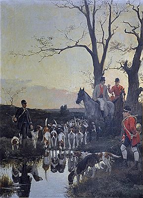 Paul Tavernier : Veneurs et chiens au petit jour.