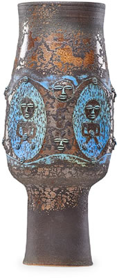 Edwin & Mary Scheier : Fine tall early vase with faces and figures, 1966